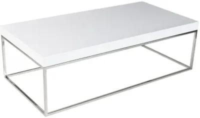 Zen 48 Inch Coffee Table, Rectangular White Lacquer Top, Chrome Steel Frame - Benzara