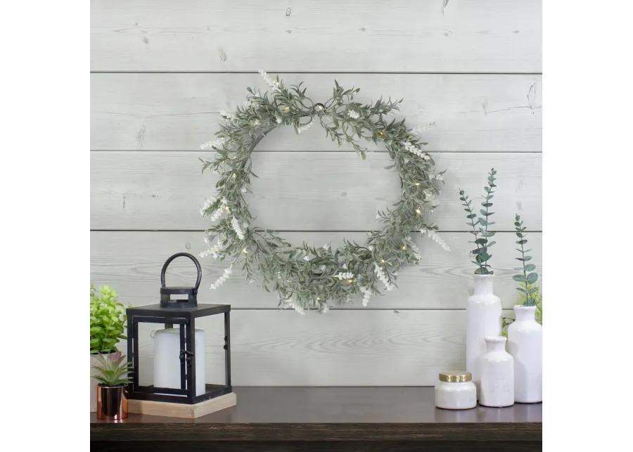 Pre-Lit Battery Operated White Lavender Spring Wreath- 16" - White LED Lights