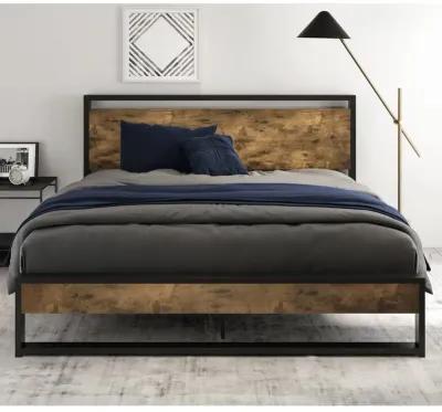 QuikFurn Full size Metal Wood Platform Bed Frame with Industrial Headboard