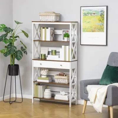 White Modern Shelving: 4-Tier Bookcase with Drawer and X-Bar