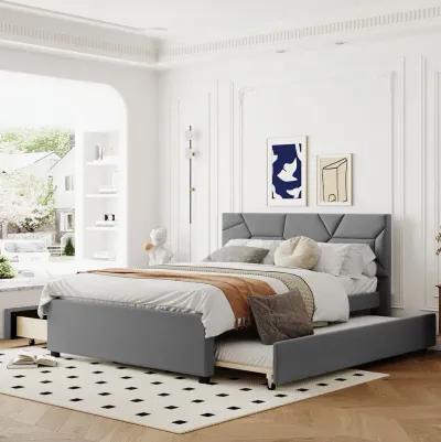 Merax Upholstered Platform Bed with Brick Pattern Headboard, with Twin XL Size Trundle and 2 drawers, Linen Fabric