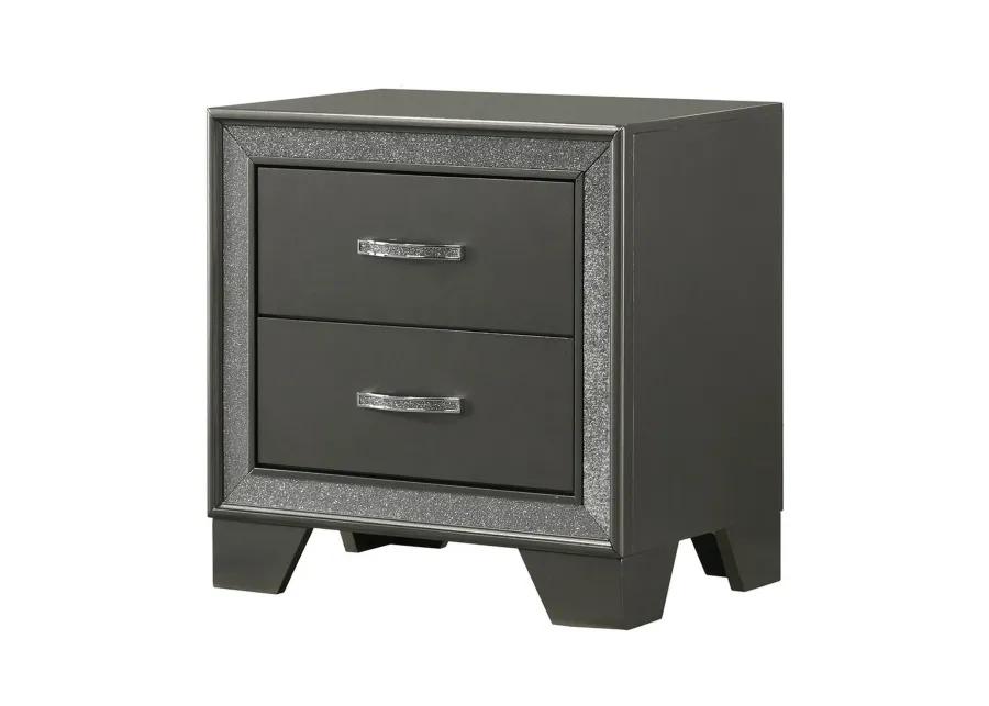 Zula 24 Inch 2 Drawer Nightstand, Faux Diamond Trim, Metal Handles, Gray-Benzara