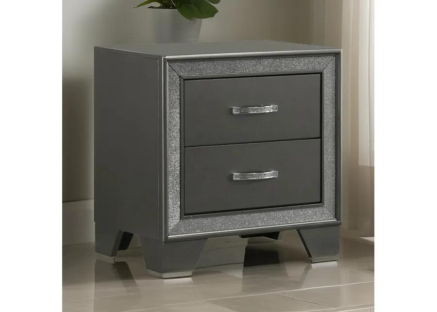 Zula 24 Inch 2 Drawer Nightstand, Faux Diamond Trim, Metal Handles, Gray-Benzara