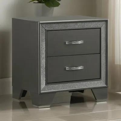 Zula 24 Inch 2 Drawer Nightstand, Faux Diamond Trim, Metal Handles, Gray-Benzara