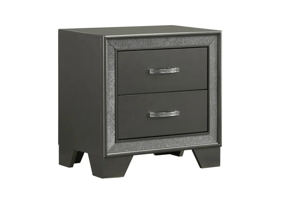 Zula 24 Inch 2 Drawer Nightstand, Faux Diamond Trim, Metal Handles, Gray-Benzara