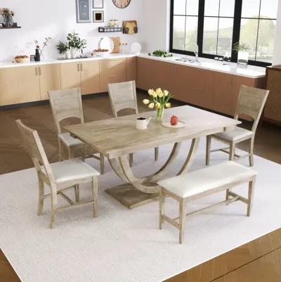 MONDAWE 6-Piece Solid Wood Half Round Dining Table Set Kitchen Table Set With Upholstered Dining Chairs, Modern Dining Furniture