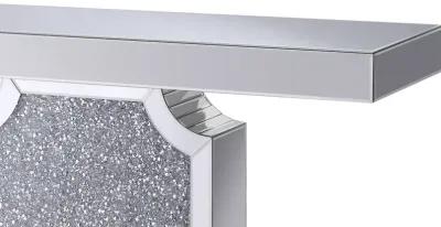 Wood and Mirror Console Table with Faux Crystal Accented Sculptural Pedestal Base, Clear-Benzara