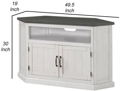 Alexa 50 Inch TV Corner Entertainment Console, Cubby, Cabinet, White, Gray - Benzara