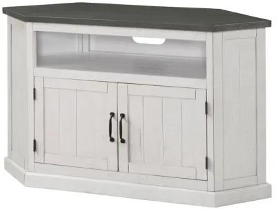 Alexa 50 Inch TV Corner Entertainment Console, Cubby, Cabinet, White, Gray - Benzara