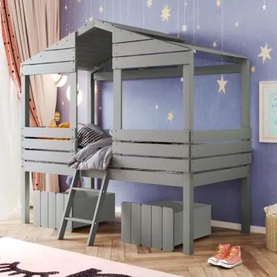 Twin Size Low Loft Wood House Bed with Two Drawers