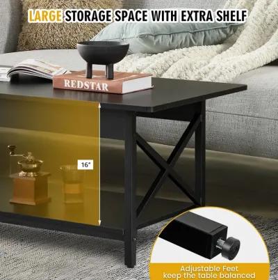 2-Tier Industrial Rectangular Coffee Table with Storage Shelf