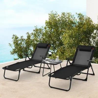 3 Pieces Patio Folding Chaise Lounge Set with PVC Tabletop-Black