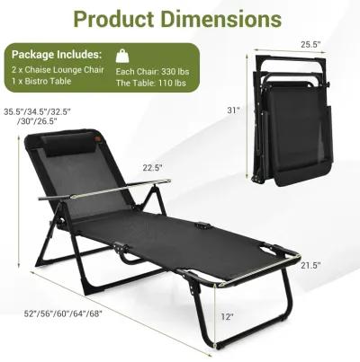 3 Pieces Patio Folding Chaise Lounge Set with PVC Tabletop-Black