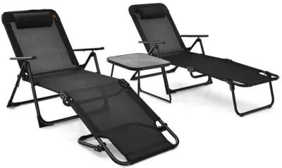 3 Pieces Patio Folding Chaise Lounge Set with PVC Tabletop-Black