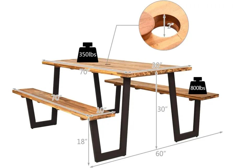 Patented 70 Inch Dining Table Set with Seats and Umbrella Hole