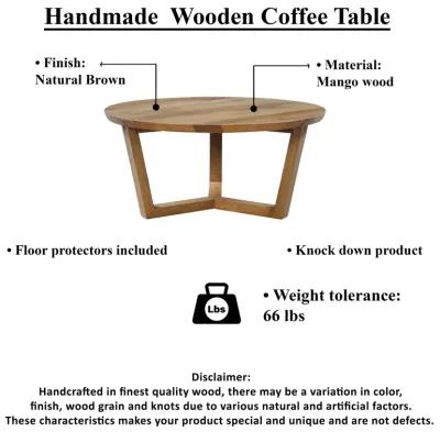 Vega 30 inch Round Mango Wood Coffee Table - Handcrafted Natural Brown, Sturdy 3-Leg Sled Base