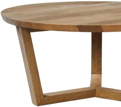 Vega 30 inch Round Mango Wood Coffee Table - Handcrafted Natural Brown, Sturdy 3-Leg Sled Base