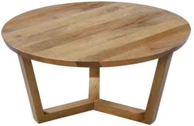 Vega 30 inch Round Mango Wood Coffee Table - Handcrafted Natural Brown, Sturdy 3-Leg Sled Base