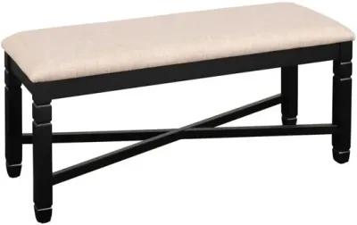 Fabric Dining Bench with Turned Legs and X Shaped Support, Beige and Black - Benzara