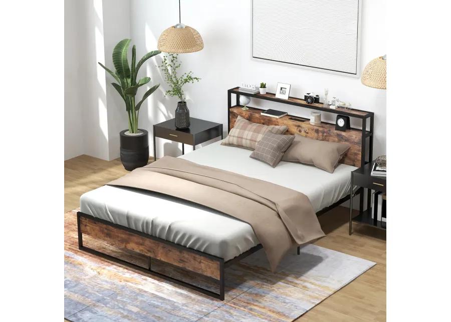 Bed Frame with 2-Tier Storage Headboard and Charging Station