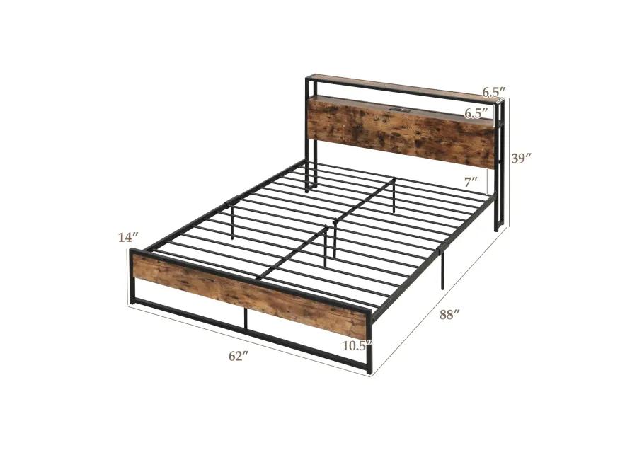 Bed Frame with 2-Tier Storage Headboard and Charging Station