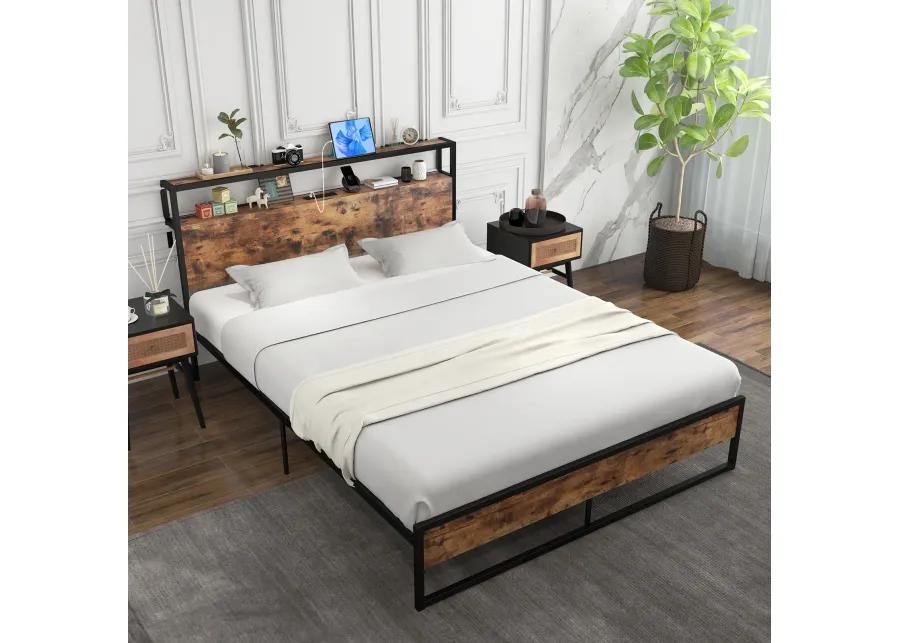 Bed Frame with 2-Tier Storage Headboard and Charging Station