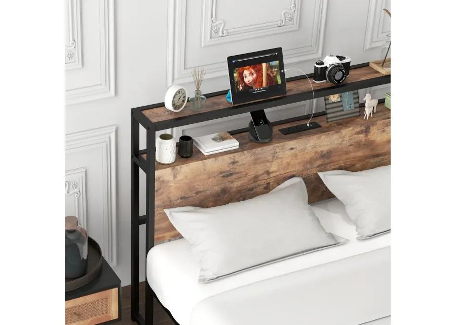 Bed Frame with 2-Tier Storage Headboard and Charging Station