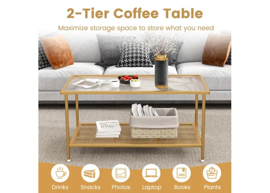 Hivvago 2-Tier Coffee Table with Shelf Center Tea Table with Tempered Glass Top