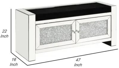 Mirrored Bench with Faux Diamonds and 2 Cabinets, Silver-Benzara