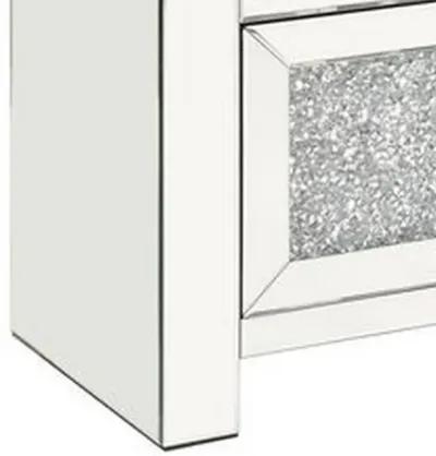 Mirrored Bench with Faux Diamonds and 2 Cabinets, Silver-Benzara