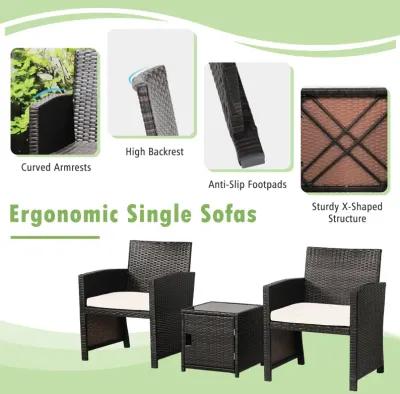 3 Pieces Patio Wicker Furniture Set with Storage Table and Protective Cover