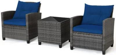 Hivvago 3 Pieces Outdoor Wicker Conversation Set with Tempered Glass Tabletop