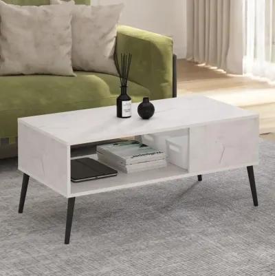 Furinno Claude Mid Century Style Coffee Table with Wood Legs, Marble White