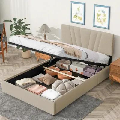 Beige Queen Platform Bed with Storage & Tufted Headboard