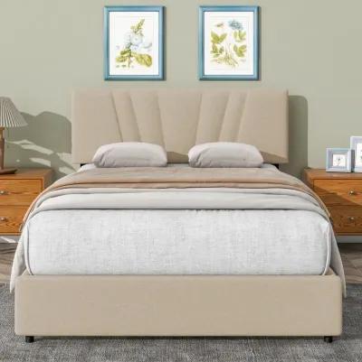 Beige Queen Platform Bed with Storage & Tufted Headboard