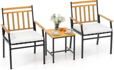 3 Pieces Outdoor Furniture Set Acacia Wood Patio Conversation Set with Cushions-White