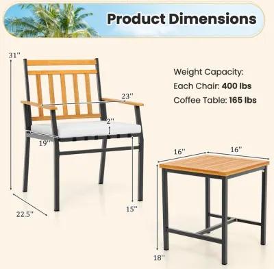 3 Pieces Outdoor Furniture Set Acacia Wood Patio Conversation Set with Cushions-White