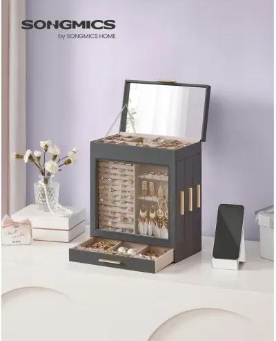 Elegant 5-Layer Jewelry Box with Glass Window, Vertical Storage Space, and Large Mirror