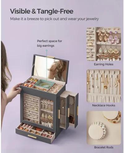 Elegant 5-Layer Jewelry Box with Glass Window, Vertical Storage Space, and Large Mirror