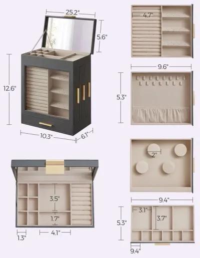 Elegant 5-Layer Jewelry Box with Glass Window, Vertical Storage Space, and Large Mirror