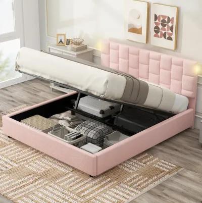 Queen Size Upholstered Platform Bed With Heightadjustable Headboard And Underbed Storage Space, Pink