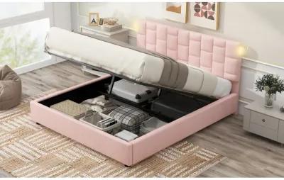 Queen Size Upholstered Platform Bed With Heightadjustable Headboard And Underbed Storage Space, Pink