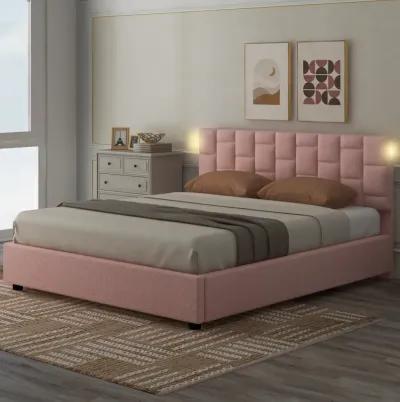 Queen Size Upholstered Platform Bed With Heightadjustable Headboard And Underbed Storage Space, Pink