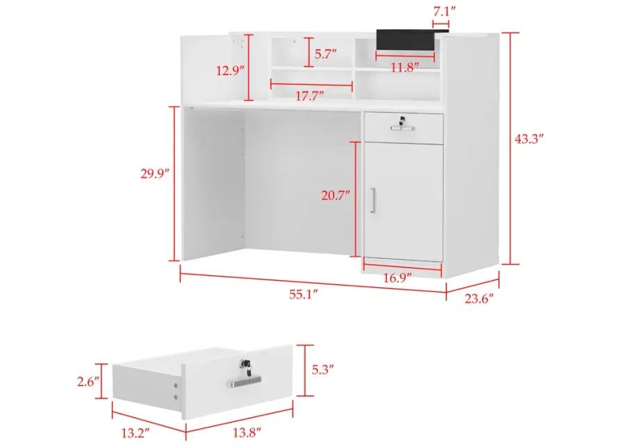 Rectangular White Wooden Computer Desk, Writing Desk with Drawer, 4-Tiler Adjustable Shelves, 55.1 in. W-23.6 in.D