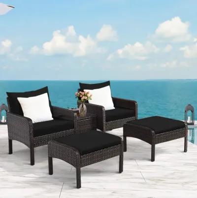 5 Pieces Patio Rattan Sofa Ottoman Furniture Set with Cushions