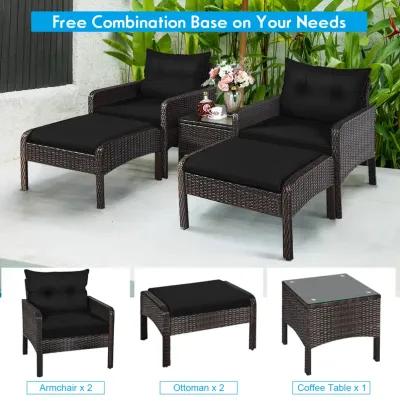 5 Pieces Patio Rattan Sofa Ottoman Furniture Set with Cushions