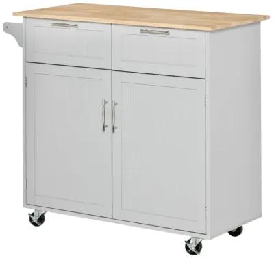 Gray Kitchen Helper: 41" Rolling Island with Rubberwood Top and Drawers