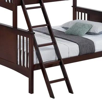 Ricky Twin Over Full Bunk Bed, Angled Ladder, Dark Brown Solid Hardwood