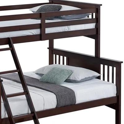 Ricky Twin Over Full Bunk Bed, Angled Ladder, Dark Brown Solid Hardwood