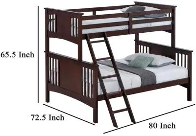 Ricky Twin Over Full Bunk Bed, Angled Ladder, Dark Brown Solid Hardwood